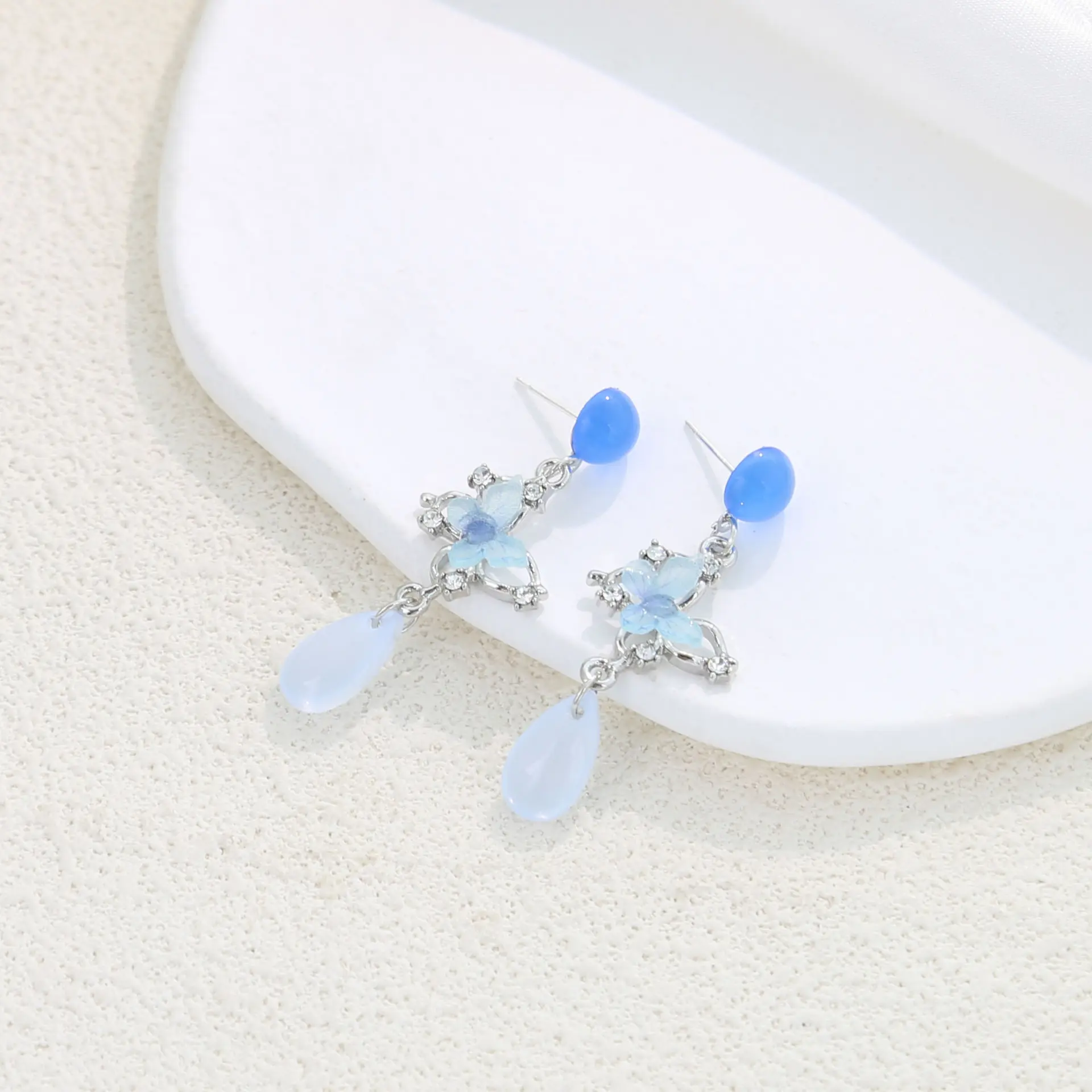 S925 Silver Post Cool Tone New Chinese Blue Butterfly Teardrop Dangle Earrings for Women, Icy Transparent Crystal Drop Studs, Delicate Elegant High-End Aesthetic Jewelry for Daily Banquet Date Gift