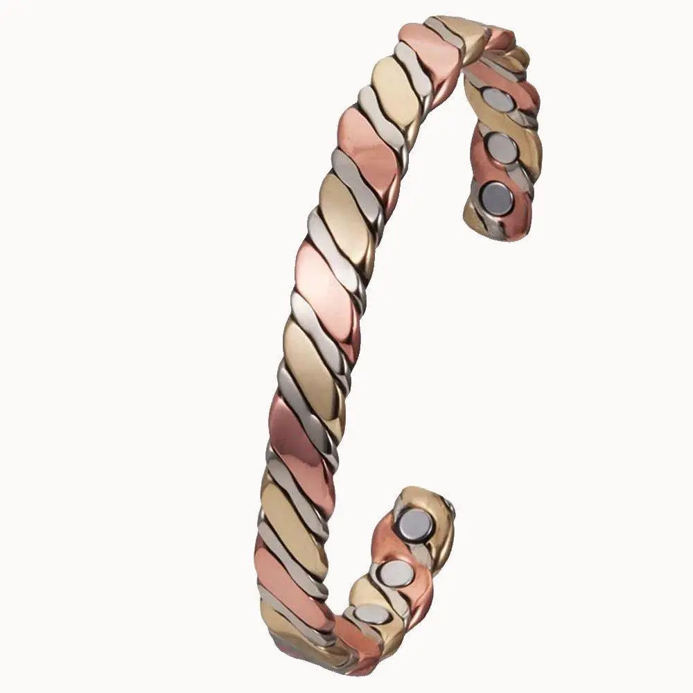 Tri-Tone Twisted Copper Cuff Bangle Jewelry - Adjustable Fashion Bracelet Wristband, Unique Twist Feature, Durable Material, Neodymium Magnetic Studded End, Twisty Metal Bangles & Bracelets, Twisty Metal Bracelets & Bangles