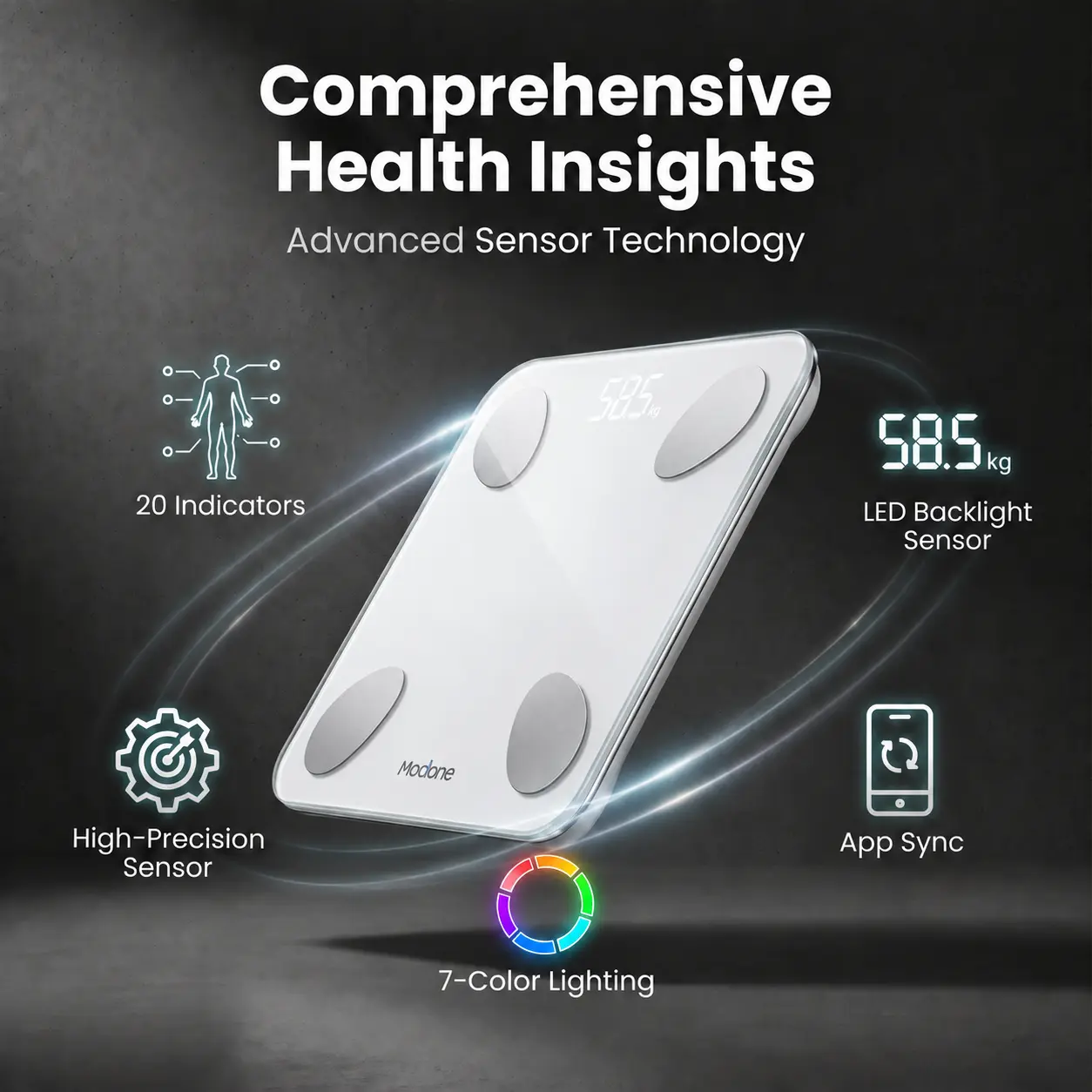 MODONE Smart Body Fat Scale with Advanced Sensor Technology, 20 Body Metrics, Remote-Controlled Seven-Color Lighting Display, and App Connectivity for Real-Time Body Data and Health Recommendations.