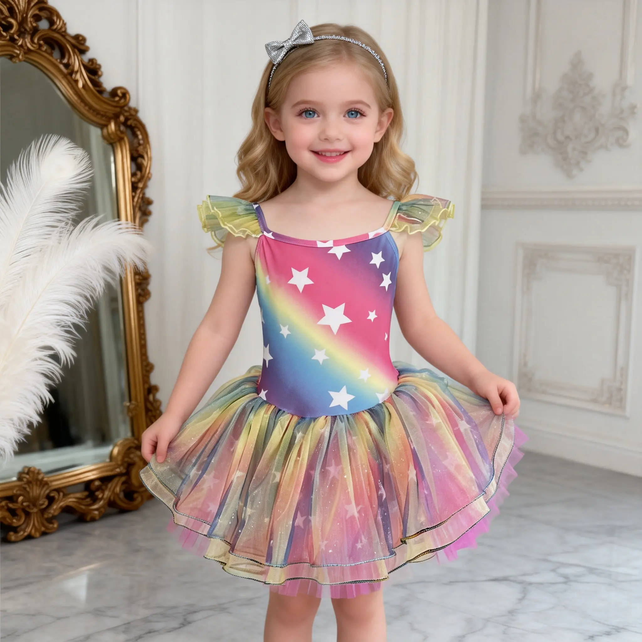 Rainbow Star Ballet Leotard Tutu Dress for Girls - Ruffle Sleeve Sparkly Dancewear, Toddler Ballerina Outfit for Recital & Parties