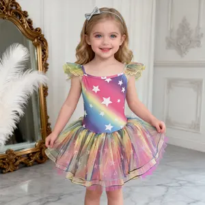Rainbow Star Ballet Leotard Tutu Dress for Girls - Ruffle Sleeve Sparkly Dancewear, Toddler Ballerina Outfit for Recital & Parties