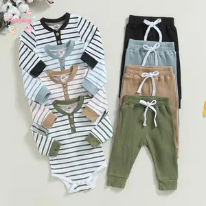 Baby Boy 2Pcs Fall Outfits, Long Sleeve Striped Print Romper + Pants Set Infant Warm Clothes, Casual Baby Boy Summer Set