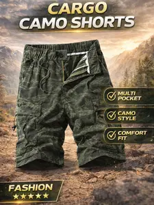 Men's Camouflage cargo shorts, Multi-Pocket Outdoor Casual Shorts, Drawstring Waist Breathable Tactical Hiking Fishing Shorts