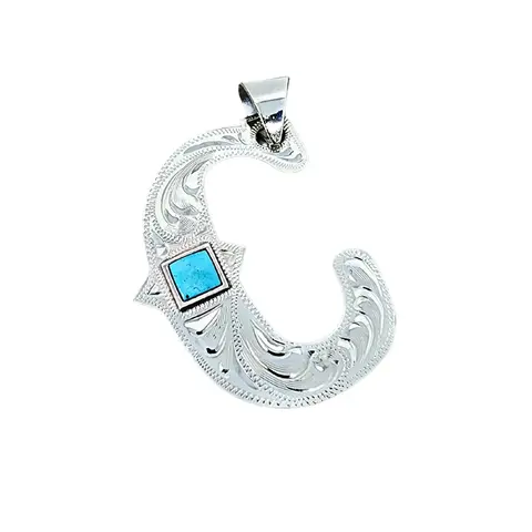 Handmade Initial Pendant, Necklace, Charm. Hand Engraved Jewelry. Turquoise color stone. 23" Rope Chain, Lobster Claw & Keychain ring Included.