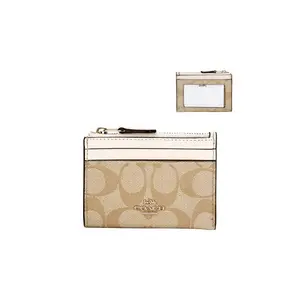 COACH Skinny 11 Monogram Coated Canvas and Leather Mini Card Holder Clutch for Women in White and Khaki