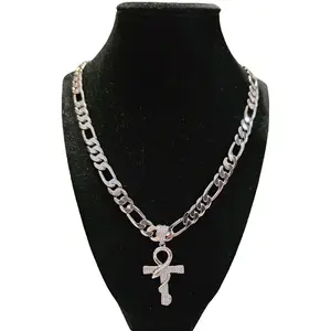 Silver Figaro 19 inch  Chain Necklace with Cross Pendant with zirconia - Elegant Jewelry for Women.