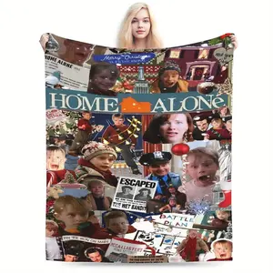 Home Alone Themed Christmas Blanket Featuring Kevin, Wet Bandits, Fuller Harry Lyme Marv Murchins pizza battle plan and iconic quotes. Cozy Soft Festive Perfect For Holiday DéCor, Movie Nights As A Fun Christmas Gift For Family Fans Of The Classic Film
