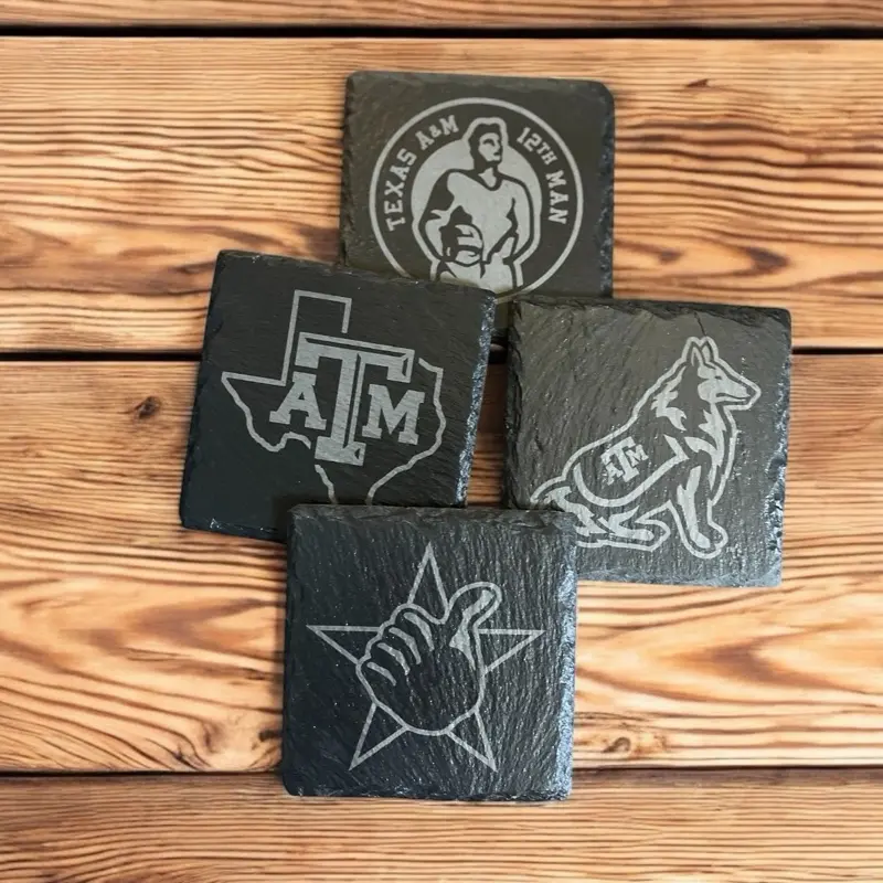 Engraved Slate Coasters Texas A&M Aggie Drink Coasters with 12th Man Logo Texas Shape Design and ATM Symbol