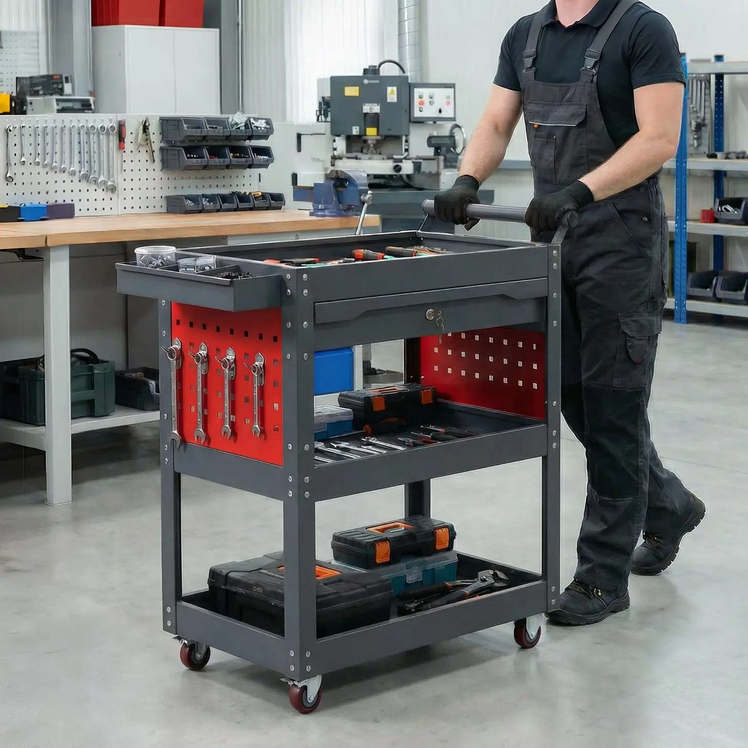 3-Tier Rolling Tool Cart on Wheels, Heavy Duty Utility Organizer with Drawer, Metal Service Cart with Locking System for Garage , Workshop and Repair Shop, Gray