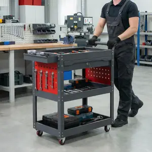 3-Tier Rolling Tool Cart on Wheels, Heavy Duty Utility Organizer with Drawer, Metal Service Cart with Locking System for Garage , Workshop and Repair Shop, Gray