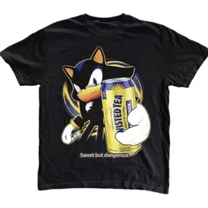 Shadow Iced Tea Graphic T-Shirt, Dark Hedgehog Holding Drink Aesthetic Design, Unisex Streetwear Tee For Sonic Fans, Retro Y2K Outfit