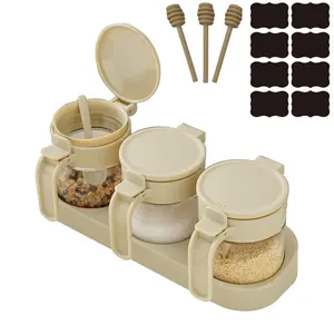 Clear Glass Condiment Spice Jars With Label,Wall Mount Sealing Honey Pot,8.8oz Seasoning Box With Lids,Spoons,Tray And Honey Stick,Wide Mouth Easy To Clean And Refill