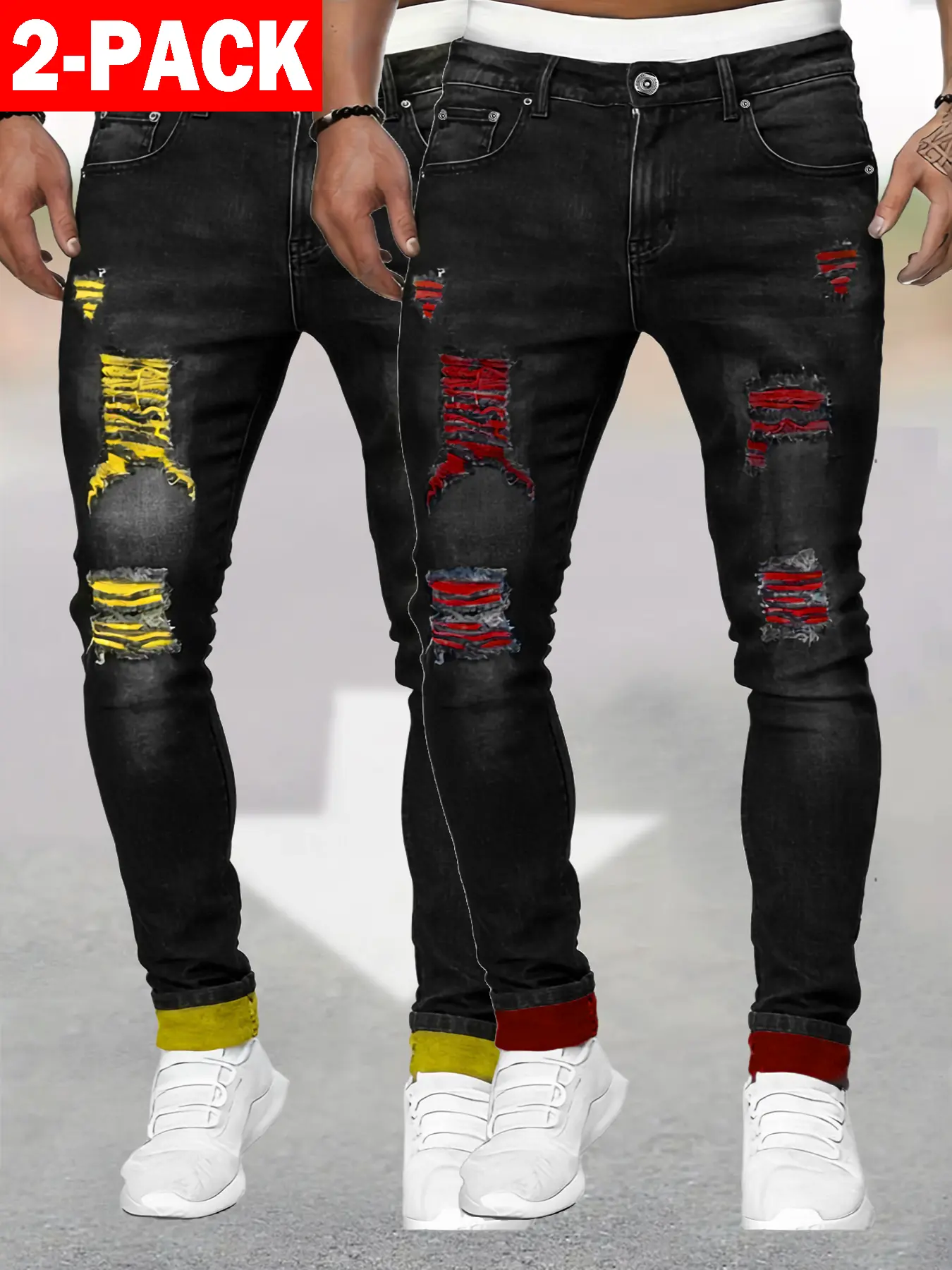 Men's Slim Fit Ripped Denim Jeans with Contrast Patch, Retro Style Stretch Streetwear, 2-Pack