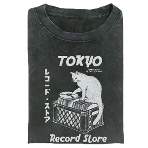 Tokyo Record Store T Shirt Black Cat T Shirt Vinyl Record Player Cool Vintage Rock Tee DJ Graphic Melting Band Music Import Japan Tee