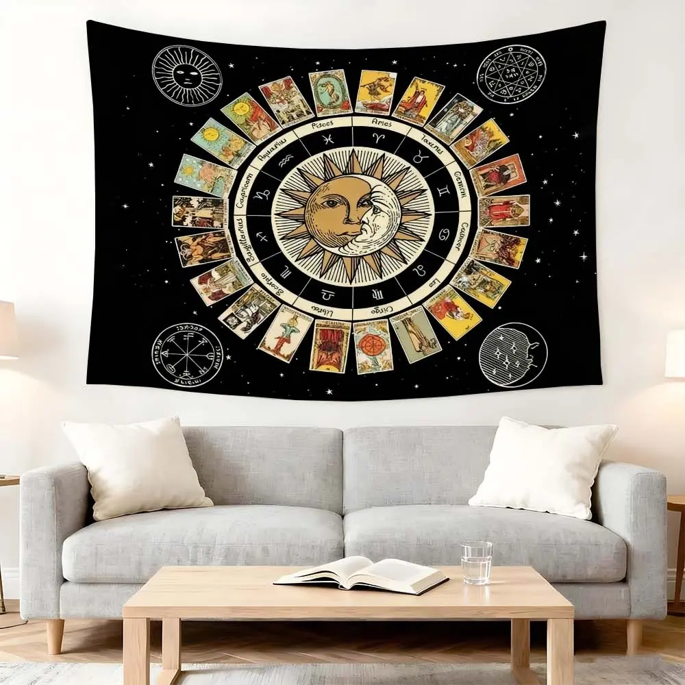 1pc Mystical Zodiac Tapestry Wall Decor - Tarot Card Design for Living Room and Study Ambiance, Celestial Black Fabric for Unique Bedroom Look, Astrology Enthusiasts' Dream Background