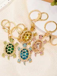 1pc Metallic Turtle Keychain with Gemstones, Alloy Rhinestone Sea Turtle Key Ring, Car Bag Pendant, Cartoon Style Accessory