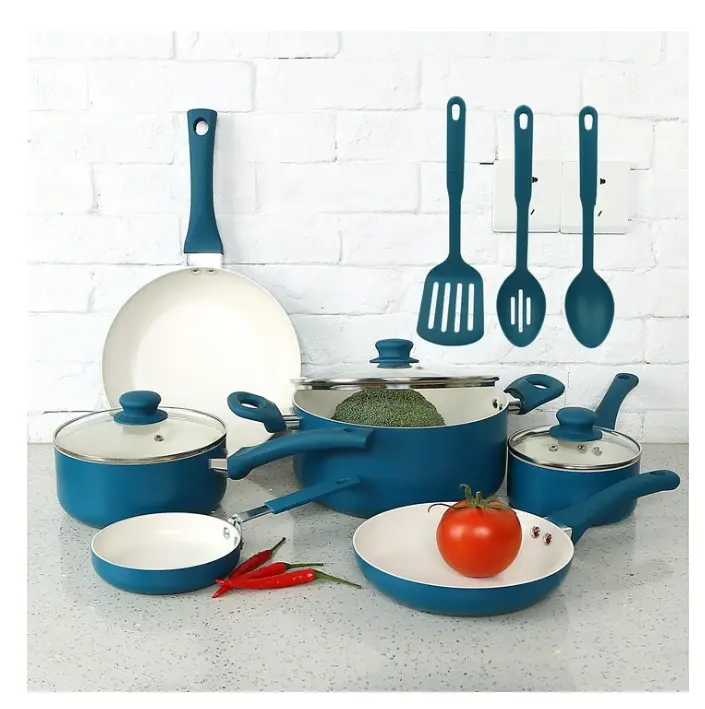 Ceramic Aluminum 12 Pieces Cookware Set Corsair Blue Nonstick Pan Stylish Handles Induction