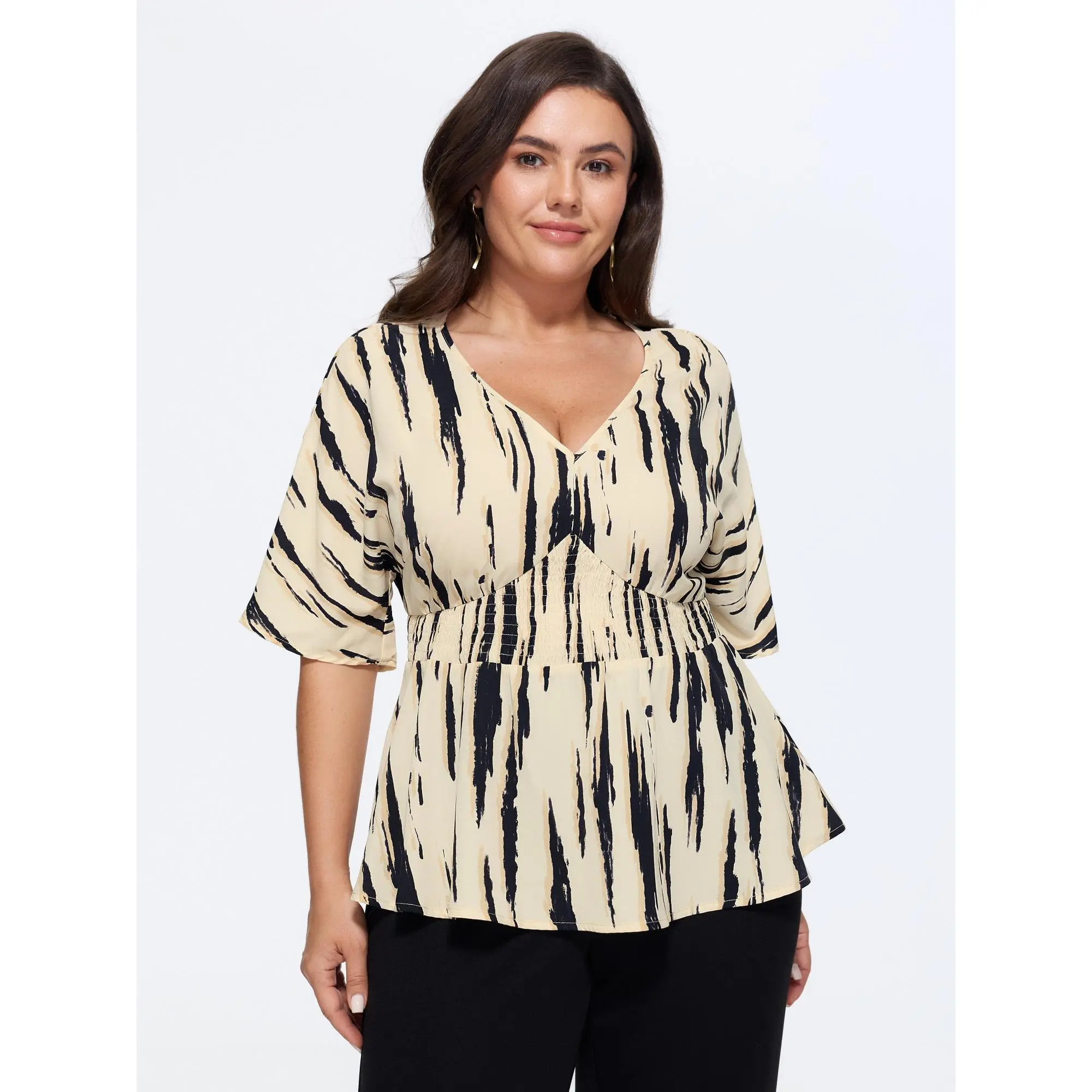 BloomChic Plus Size Smooth Casual Tie-Dye Peplum Blouse with V-Neck, Smocked Waist and Short Dolman Sleeve for Summer, Garment, Lady, Fabric, Fit, Polyester