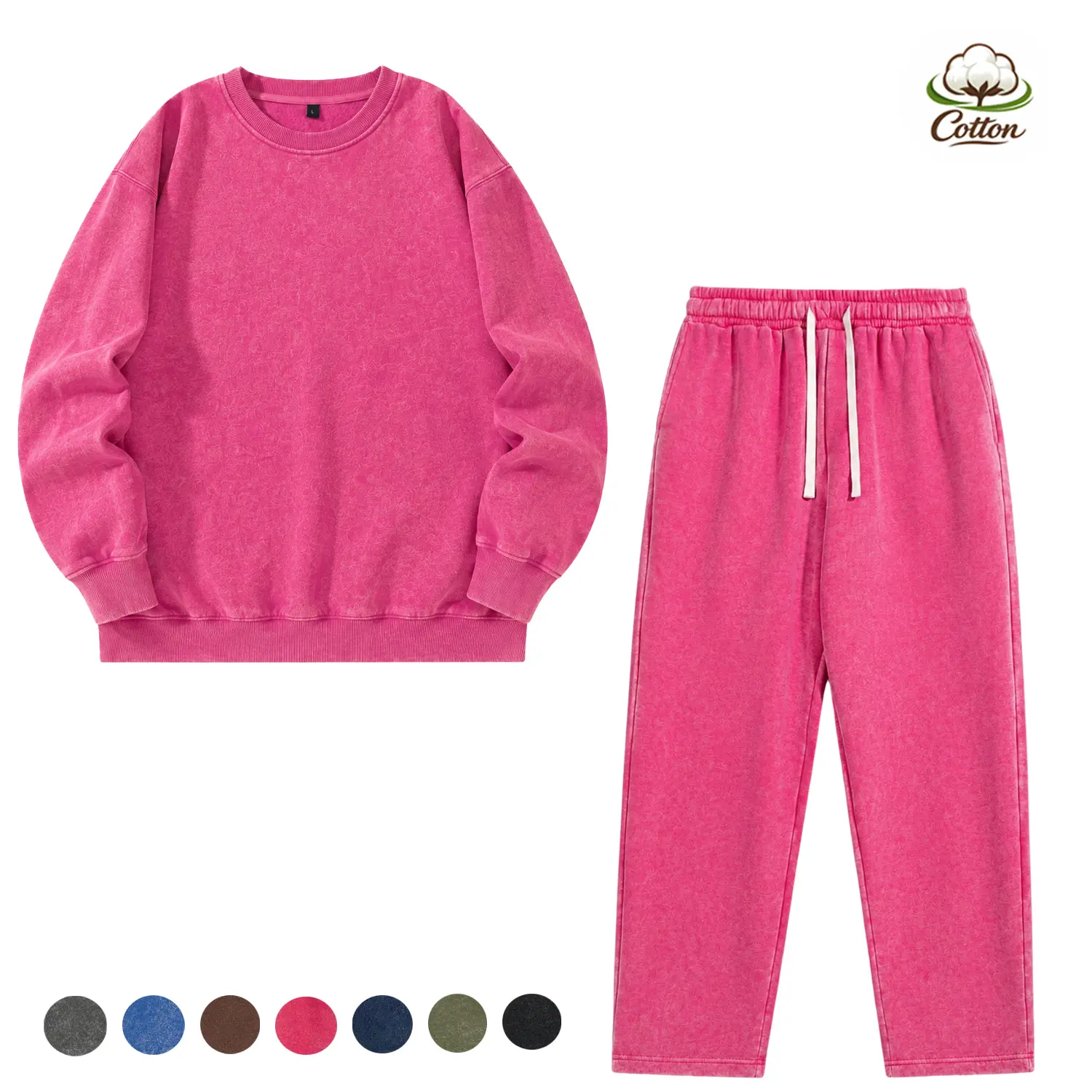 Pink washed fleece crewneck long pants set, soft warm cotton fabric, acid wash process, available in multiple colors, unisex