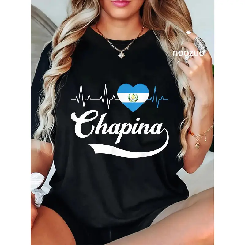 Women's Casual Fitted T-Shirt, 100% Cotton Guatemalan Flag Chapina Graphic Top with Short Sleeves, Tshirt, Flag Print, Guatemala Print
