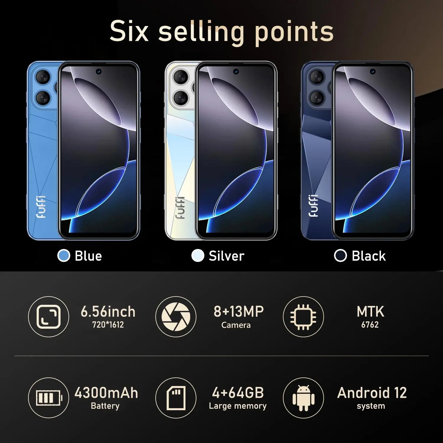 FUFFI 6.56 Inch Smartphone, 4G Network Android 12.0 Phone with 4+64GB ...