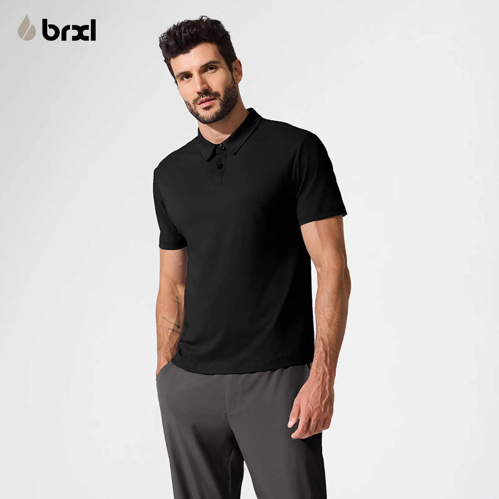 BRXL Men's Collared Neck Spandex Blend Polo Shirt - Stretchy, Quick Dry, Lightweight Cooling, Moisture Wicking Athletic Top with Drop Shoulder & Golf Fit for Golf, Workout