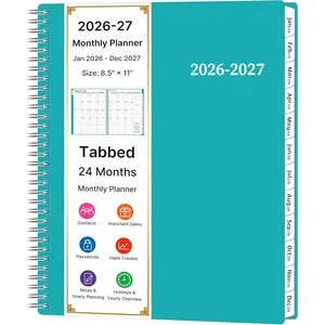 2026-2027 Monthly Planner, 2 Year Calendar Planner, Jan 2026 - Dec 2027, 8.5'' x 11'', Large Spiral Agenda, 24 Months, with Tabs &Pocket, Flexible Cover, Organizer for Office  School, Green