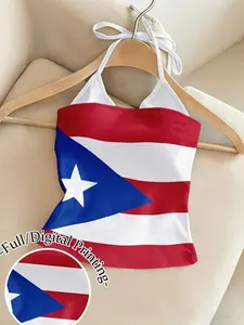 Women's Puerto Rico Halter Top, Y2K Flag Print Tube Top, Crop Cami Tank Top, Summer Festival Vacation Outfit