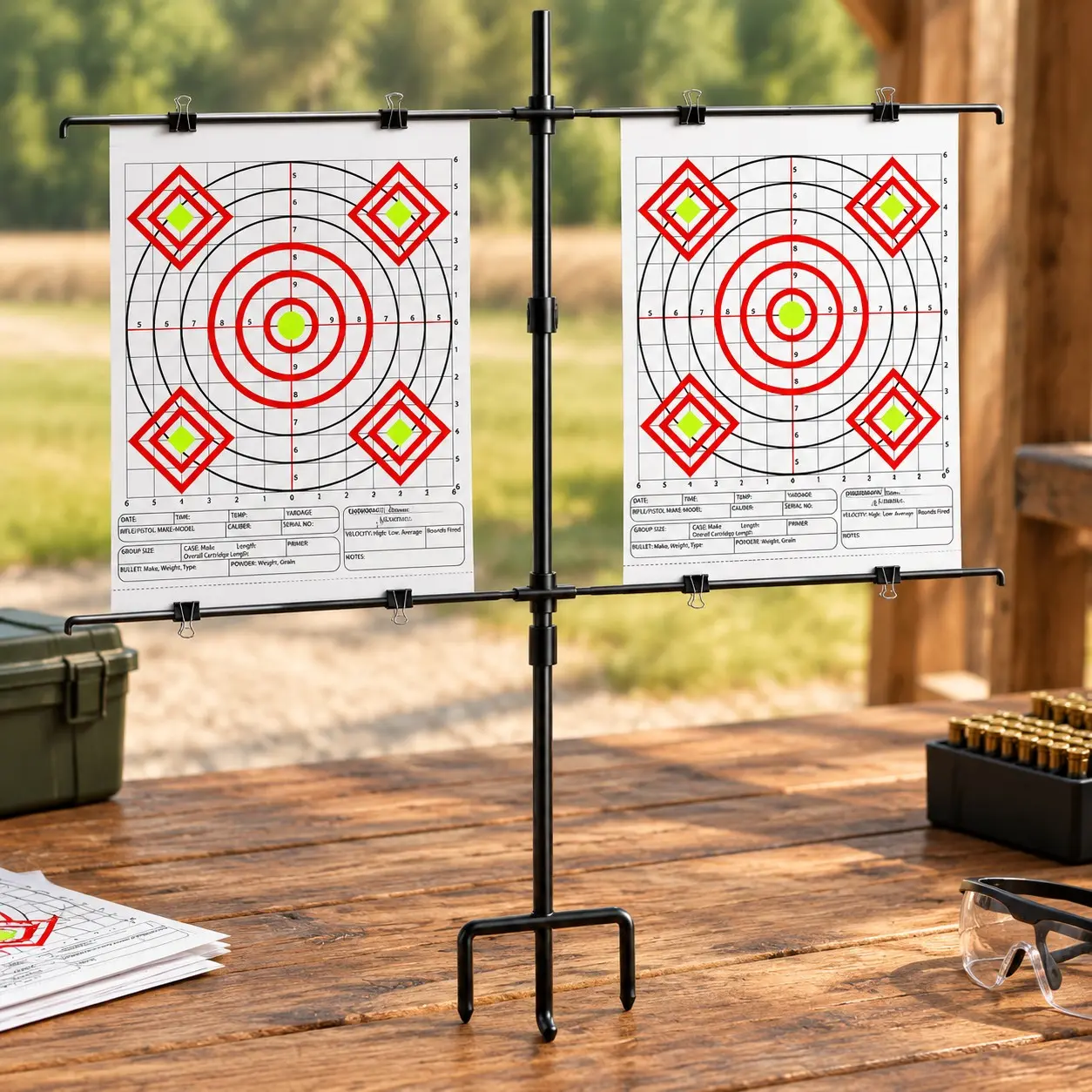 Adjustable Paper Target Stand with 8 Clips and Clear Bullseye Target Sheets for Shooting Practice