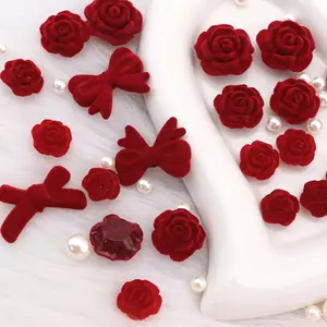 50pcs Random Mixed Size Velvet Rose and Bow Flat Back Accessories, Hair Clips Earrings Phone Cases Wedding Festival Decoration