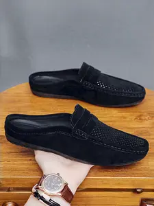 Men's Block Style Hollow Out Half-Enclosed Mules, Vintage British Casual Fashion Loafers, Breathable Comfort Lightweight Slippers, Footwear
