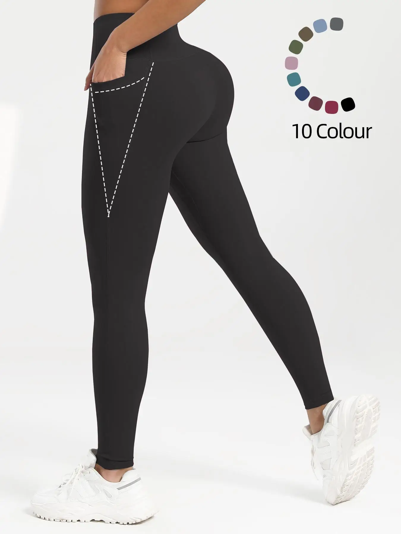 Women's Solid Color High Waist Sports Leggings, High Stretch Tight-fitting Breathable Comfortable Pocket Skinny Pants, Ladies Sportswear for Indoor O