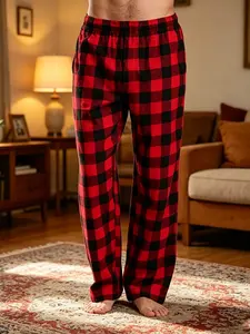 Men's Plaid Checked Lounge Pants, Loose-Fit Drawstring Waist, Flannel Casual Sleepwear Pajamas, Fall Winter Warm, Unisex Large Size