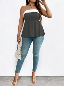 Plus Size Women's Patchwork Knit Chic Crop Top, Casual Sleeveless Halter Neck Vest, Summer Fashion Ladies' Clothing