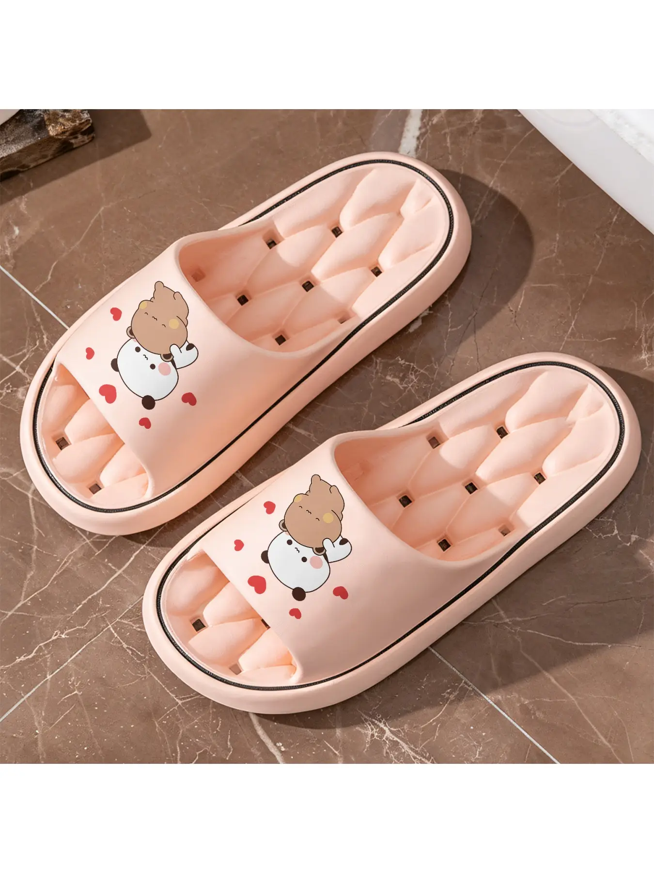 Cute Cuddling Couple Style Casual Home Slippers, Adorable Brown Bear and White Dango CP Design Indoor Slippers, Soft Skin-friendly Non-slip Thick-soled Slippers, Quiet Slippers for Bedroom and Living Room