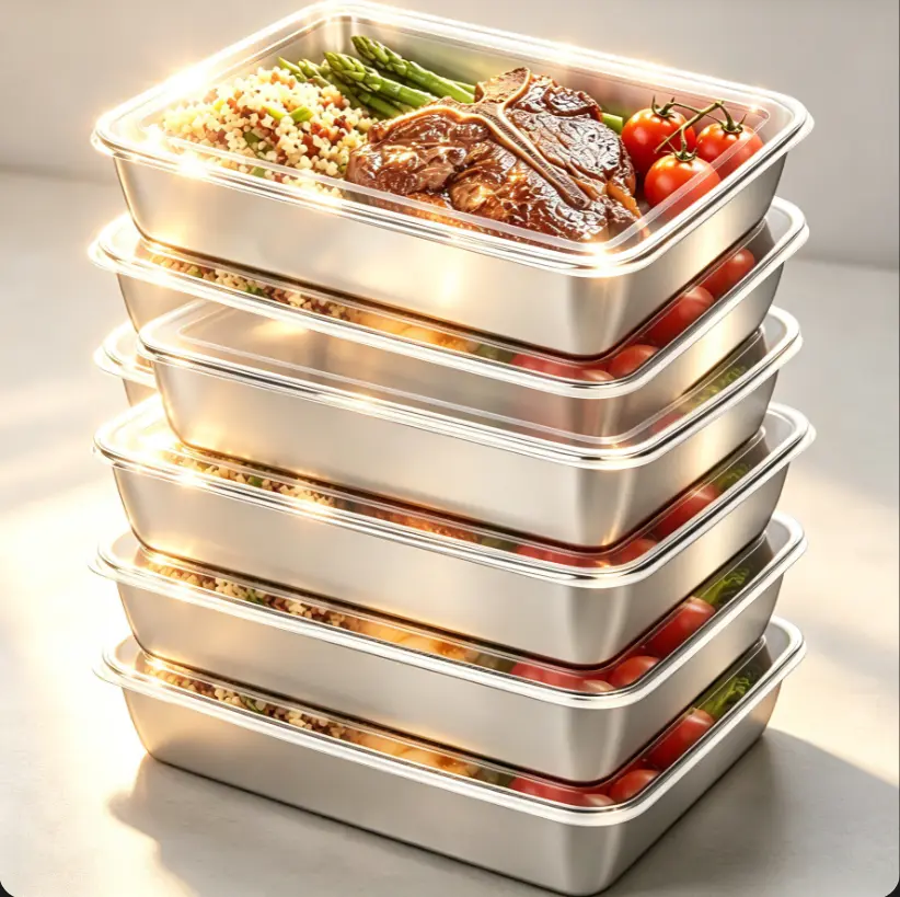 Stainless Steel Food Storage Containers with Clear Lids, Stackable Metal Meal Prep Containers, Reusable Freezer Safe Lunch Trays for Steak Vegetables Leftovers, Leakproof Airtight Fridge Organizer Bins for Kitchen Camping Daily Meal Prep