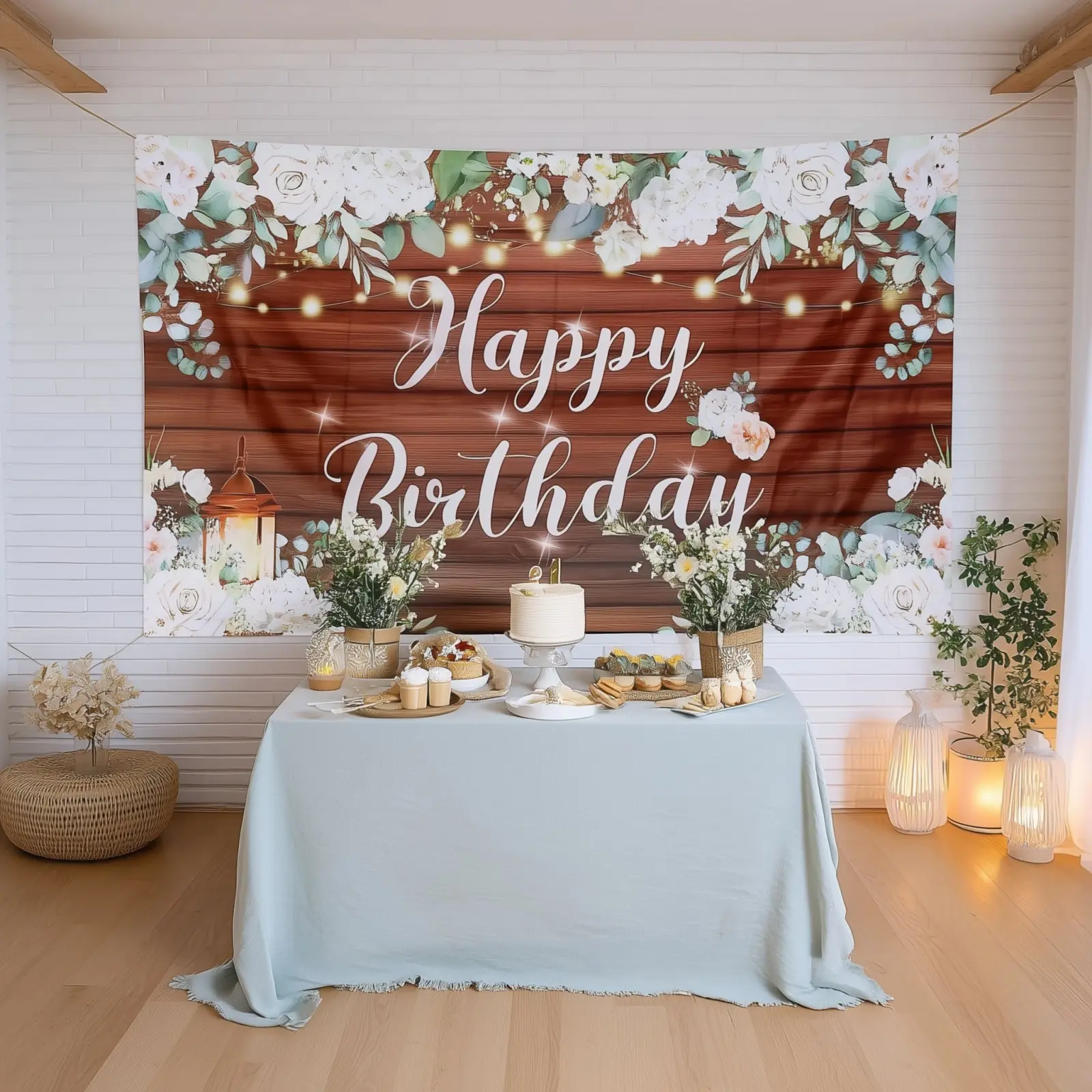 6ftx3ft Hangable Rustic Wood & Floral Birthday Party Photo Backdrop, Polyester Artificial Flowers Festive Banner for Outdoor Gardens & Product Photography, White & Brown Home Supplies, Party Decor