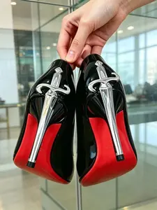 Statement Black High Heels with Silver Sword Heel and Red Outsole, Women's Bold Slip-On Stilettos, Trendy Nightclub and Festival Footwear, Lightweight Comfortable Party Shoes, Edgy Metallic Accent Heels
