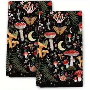 Mushroom Pattern Bath Towel, 2 Counts/set High Water Absorption Towel, Multifunctional Household Kitchen Towel, Bathroom Supplies, Absorbent Towel