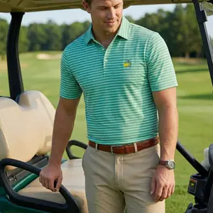 Men’s Performance Polo | Style Masters Pattern Mint Green Pinstripe Golf Polo Fan - made Shirt Short Sleeve Print Lightweight