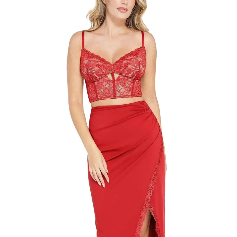 POPILUSH Women's Red Elegant Nylon Fabric Lace Push-Up Underwire Bra, Deep V-Neck Bralette with Adjustable Straps, Comfortable Customized Fit, Cutout Design for Minimalist Fashion