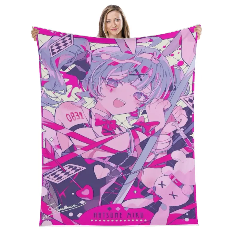 Hatsune Miku Themed Flannel Cozy Throw Blanket - Soft, Fluffy, Breathable Multi-Functional Warm Cover, Illustrated Character Anime Manga Cartoon Mascot Japanese-Themed Blanket for Bedroom Home Use & Gifting, Illustrated Character Blankets
