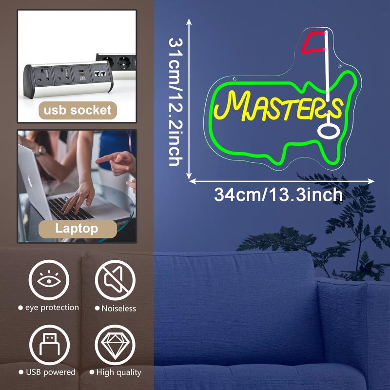 Masters Golf neon sign, Led Neon Lights, suitable for men's lounges, sports bars, game rooms, golf club décor, and garage wall neon art. Dimensions: 13.3 x 12.2 in.