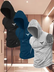Men's 3-Pack Bull Head Print Sleeveless Hooded Vest T-Shirt, Casual Comfortable Top, Summer Outdoor Fitness Wear