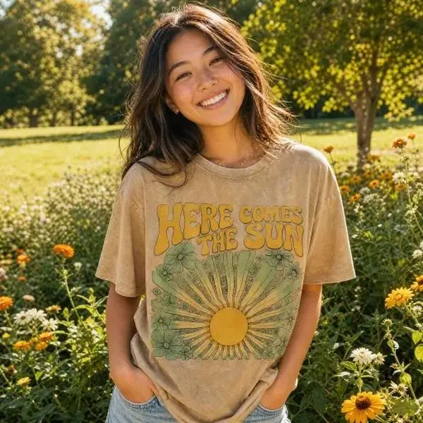 Sun Flower Graphic Tee Vintage Wash Oversized Boho Drop Shoulder Cotton Summer Top Gift for Her