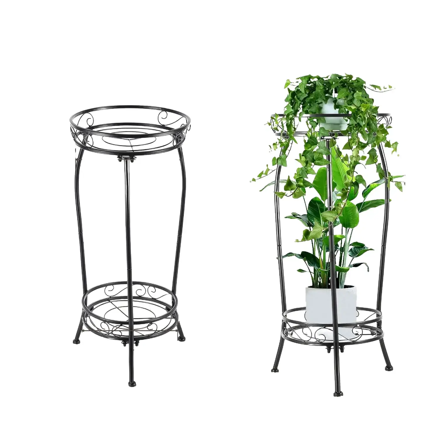 Plant Stand Indoor Outdoor Tall Black Metal Rustproof Stable 2 Tier 27.1 inch Multiple Plant Rack Holder Flower Pot Stand Heavy Duty Iron 3-leg Structure