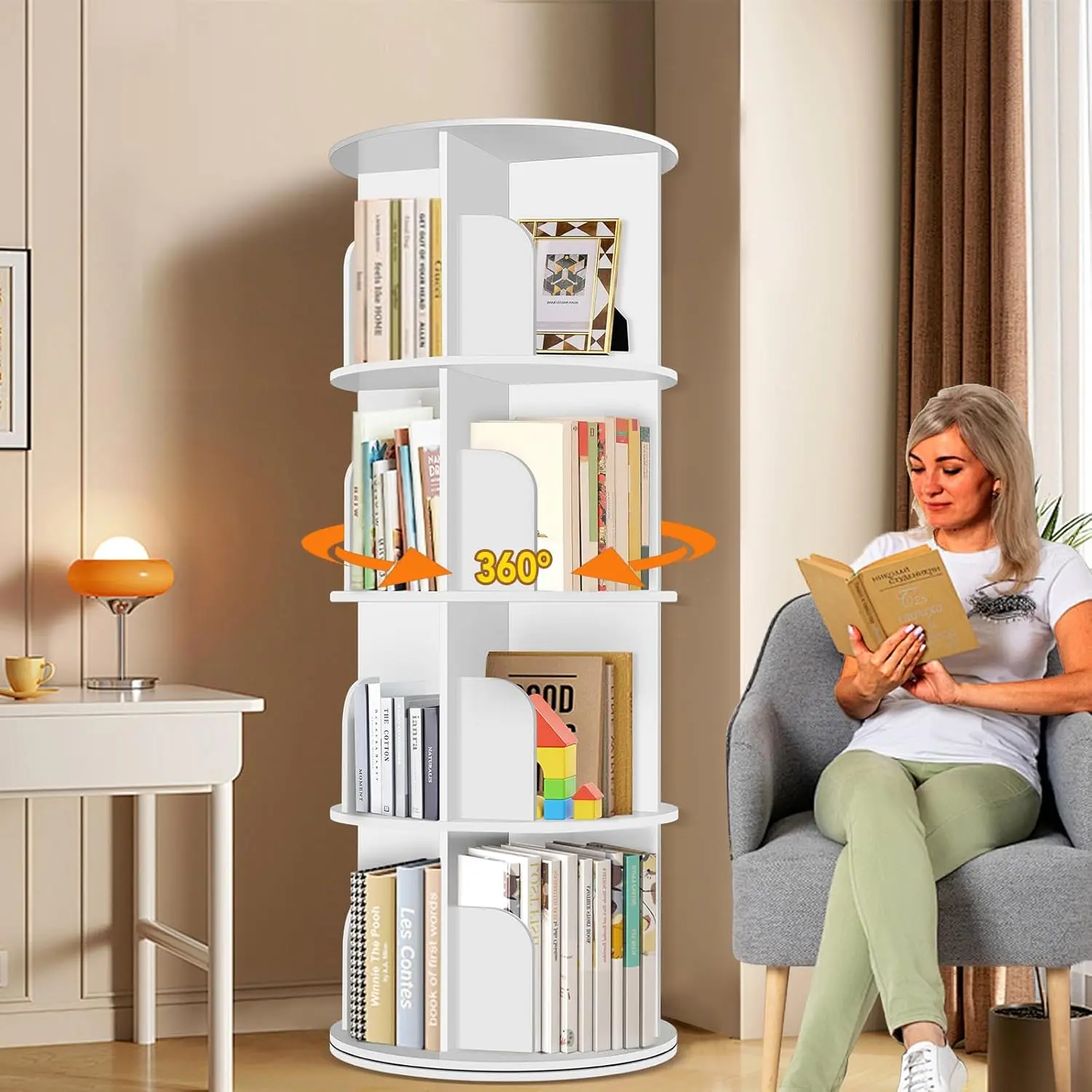 4-Tier Rotating Bookshelf Tower, Spinning Bookshelf, 360° Rotating Bookcase Storage Round Carousel, Vertical Rotating Spiral Corner Organizer Lazy Susan, White