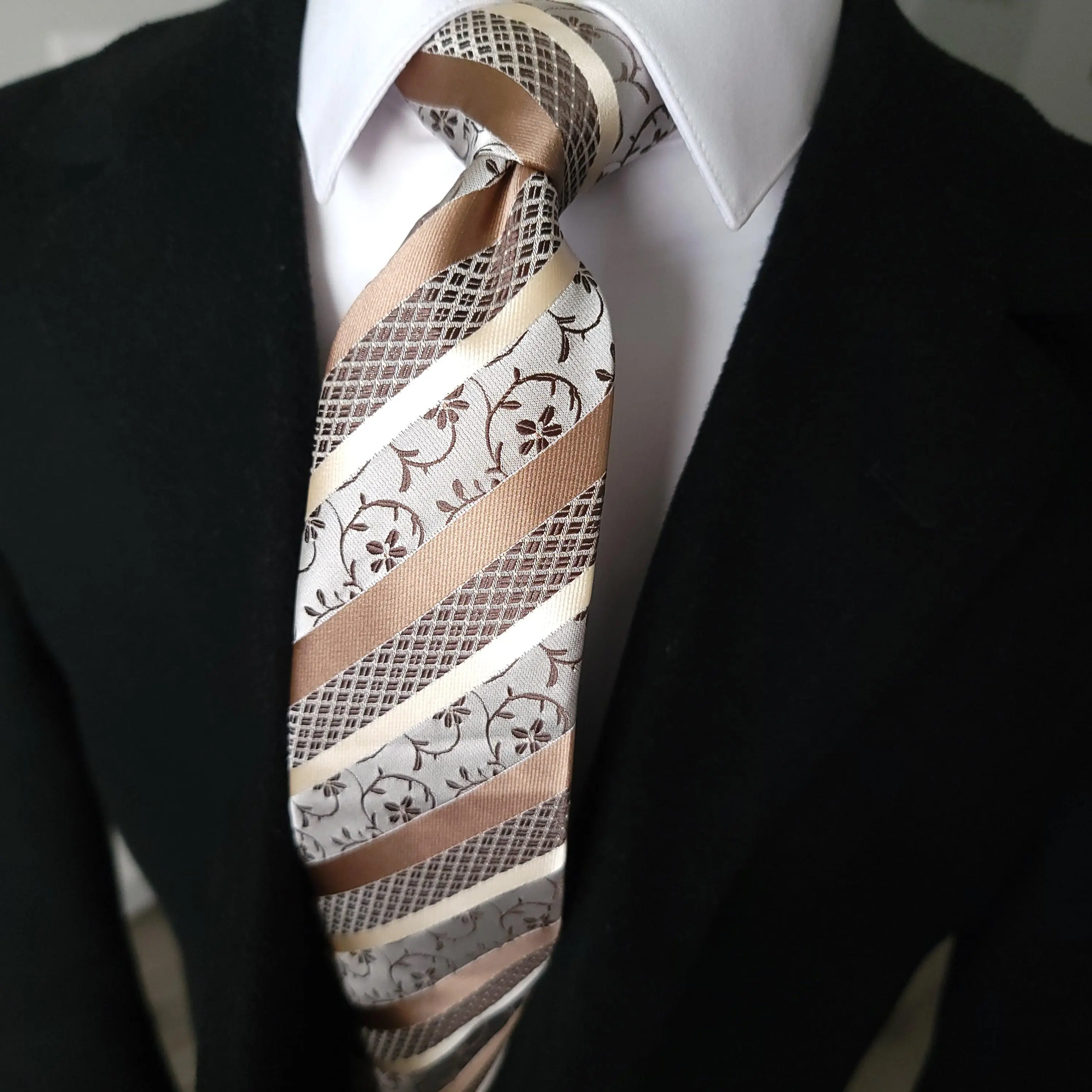 Extra Long Khaki Floral Stripe Tie Pocket Square Cufflink Set