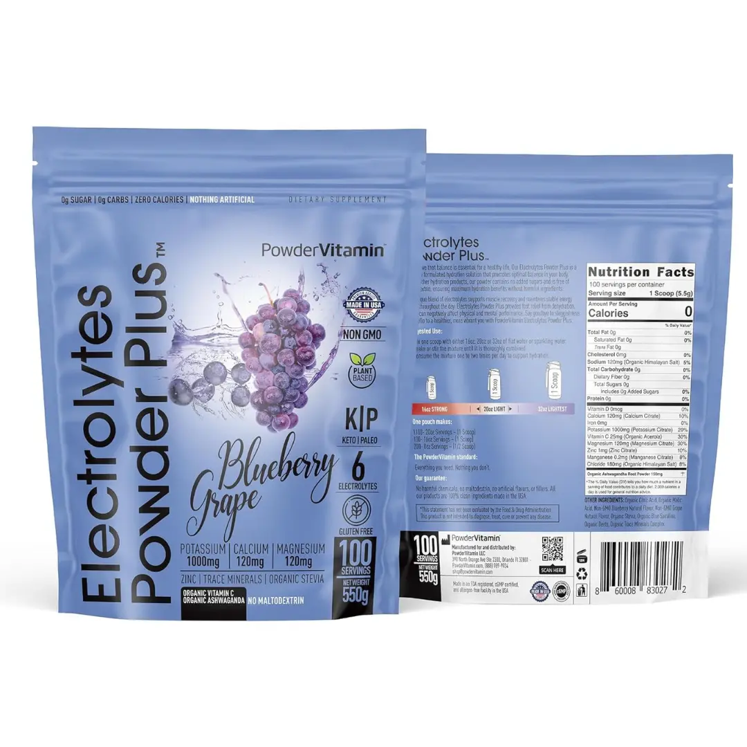 Electrolytes Powder Plus (100 Servings) Blueberry Grape Electrolyte Powder Sugar free, Keto, 0 Sugar, No Maltodextrin, 1000mg Potassium, 120mg Calcium, 120mg Magnesium, Hydration Powder