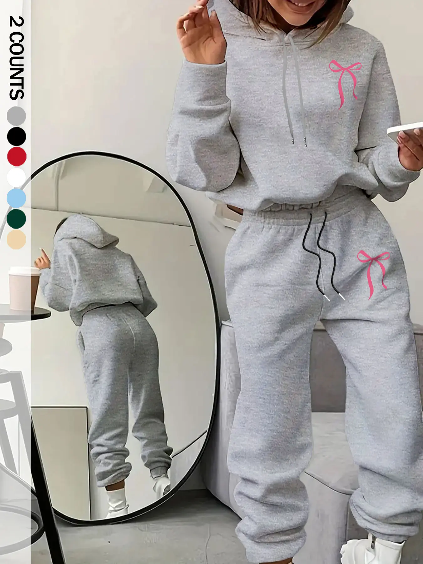 Women's Fashionable Loose-Fit Hooded Sweatshirt Set, Bow Print Design, Comfortable Casual Wear, Perfect for Daily
